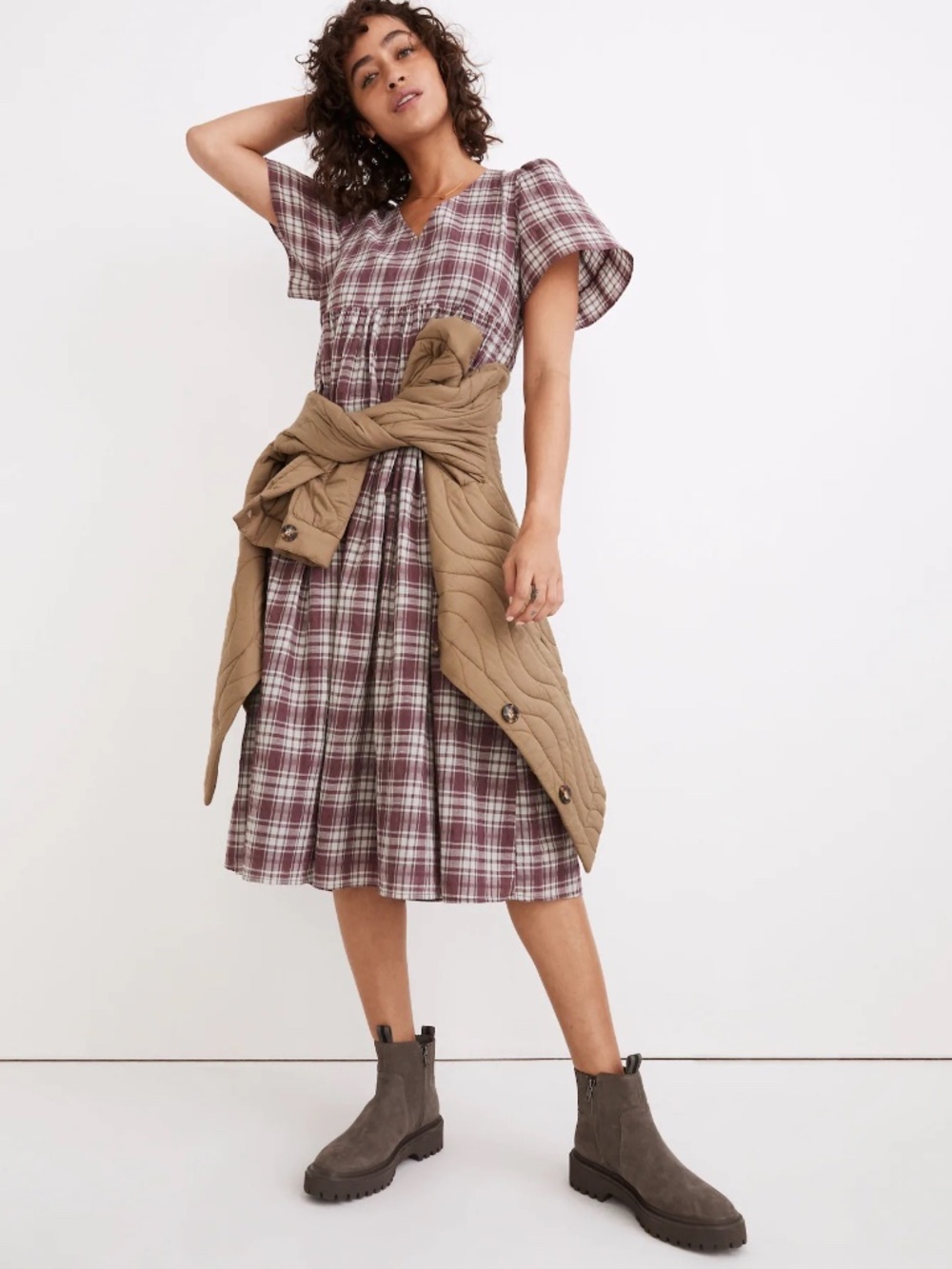 V-Neck Puff-Sleeve Midi Dress in Croftwood Plaid NWT